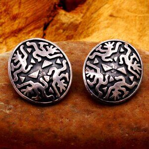 Vintage Abstract Monkey Gods & Pyramids Silver Stud Earrings Phyllis Woods